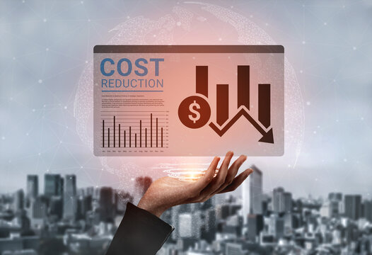 A conceptual image of a hand presenting a virtual financial chart focused on cost reduction strategies, set against a blurred city skyline, symbolizing business growth and analysis. Ledger