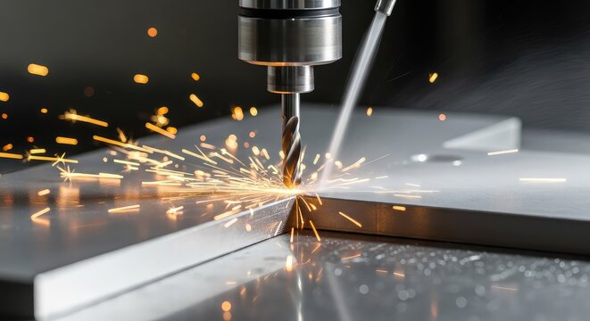 Precision automated machinery operates a sharp metal drill bit piercing through steel plating with cooling fluid and flying bright sparks, machine, iron, tool