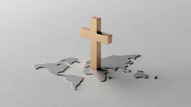 A golden Christian cross standing firmly upon a metallic world map silhouette on a grey background, symbolizing global faith and hope