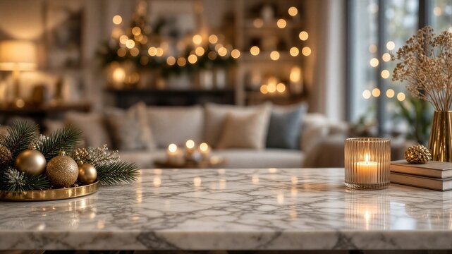 Holiday tabletop decorations with candle in living room