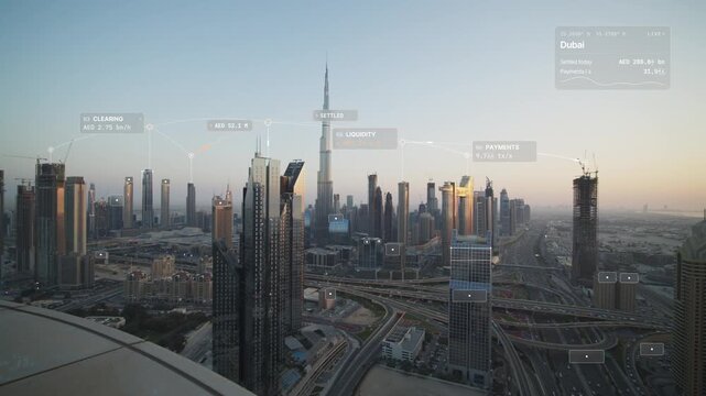 High angle rooftop view of Dubai at golden hour: downtown towers and highway interchange with glass interface overlay, city data card in dirham and payment arcs. Concept of fintech, global finance