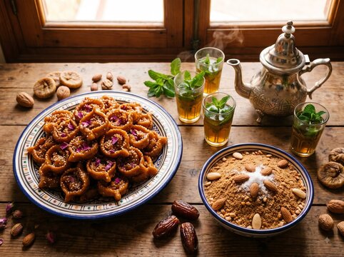 Traditional Moroccan Chebakia sweets and mint tea served for Ramadan Iftar table setup
