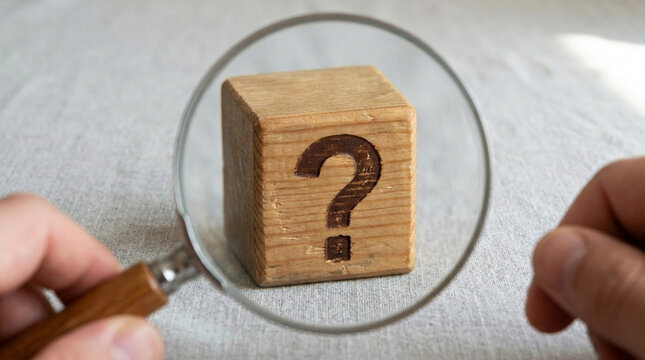 Magnifying glass focusing on a wooden block with a question mark symbolizing curiosity investigation and mystery