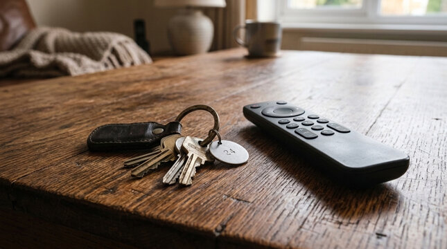Lost item tracker key finder device and remote control on wooden table for home convenience and technology concepts