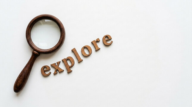 Magnifying glass and explore text symbol for research discovery investigation and curiosity