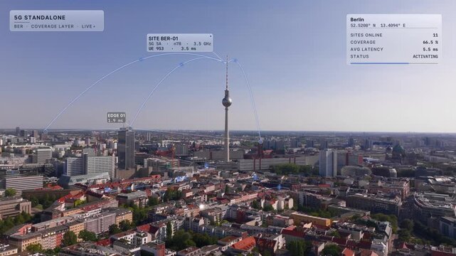 Aerial push in on Berlin on a sunny day: TV tower at Alexanderplatz above the rooftops with glass interface overlay, 5G coverage card and signal arcs to network sites. Concept of 5G, connectivity