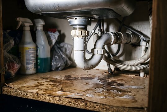 Water leaking from a damaged pipe drain system under a kitchen sink causing severe moisture stain and mold damage on cabinet wood
