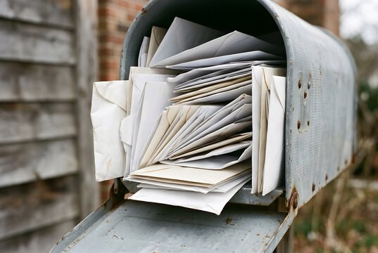 Overfilled metal mailbox stuffed with paper letters, envelopes and junk mail near suburban residential house