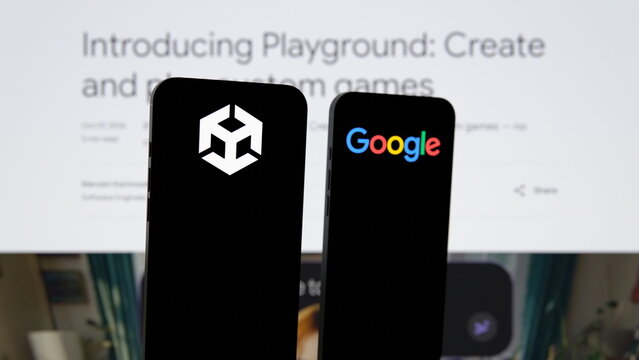 The Unity logo and the Google logo displayed on two smartphones side by side. Google and Unity Launch Playground, an AI Platform to Create Games From Prompts. October 7, 2026, Lisbon, Portugal.