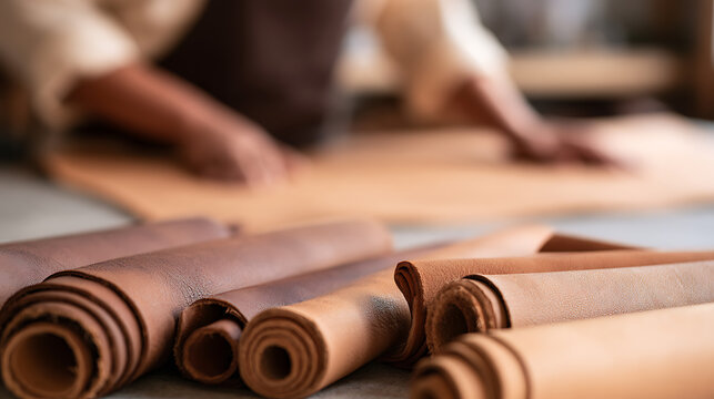 A master artisan prepare natural leather material in a rustic workshop, showcase rolled cowhide hide hides ready for handmade leather craft