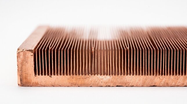 Copper heatsink with thin parallel metal fins for efficient thermal management and cooling electronic components on isolated background