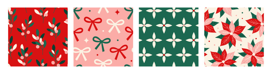 Fototapeta premium Seamless Christmas pattern set with holly berries, festive bows, floral motifs and poinsettia flowers. Flat vector designs for wrapping paper, fabric, textiles, stationery and seasonal decor