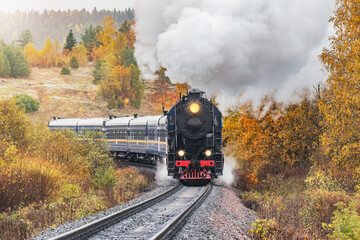 Retro steam train moves in the autumn forest. © serjiob74