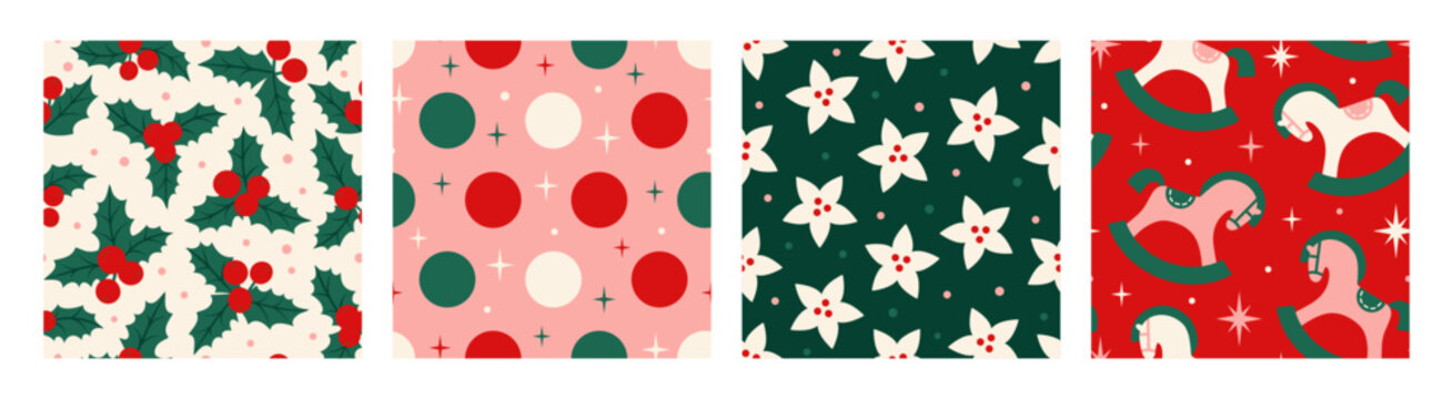 Seamless Christmas pattern set with holly leaves and red berries, geometric shapes, stylized flowers, rocking horses and stars. Flat vector illustrations for wrapping paper, fabric, textiles