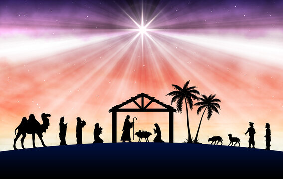 Illustration of a traditional Christmas nativity scene featuring baby Jesus in a manger, Mary and Joseph, visiting wise men, shepherds, animals and the bright guiding Star of Bethlehem over a stable.
