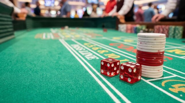 Translucent red dice and a stack of unbranded casino chips resting on a vibrant green craps table felt, capturing the excitement of gambling and the high-stakes atmosphere of a modern casino floor.