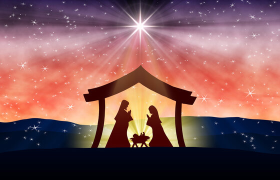 Silhouette nativity scene with Mary, Joseph and the baby in a manger beneath a radiant star against a purple-orange starry sky, evoking peace, faith and the spirit of Christmas.