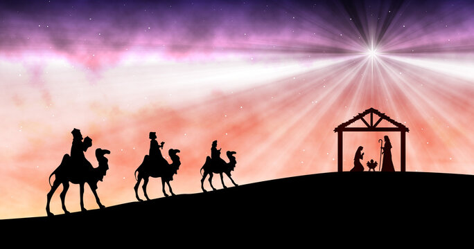 Three wise men on camels follow the bright Star of Bethlehem in the desert, evoking nativity, faith, pilgrimage and the quiet, miraculous wonder of a Christmas night sky.
