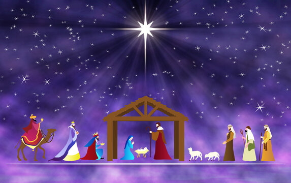 Illustration of a traditional Christmas nativity scene featuring baby Jesus in a manger, Mary and Joseph, visiting wise men, shepherds, animals and the bright guiding Star of Bethlehem over a stable.