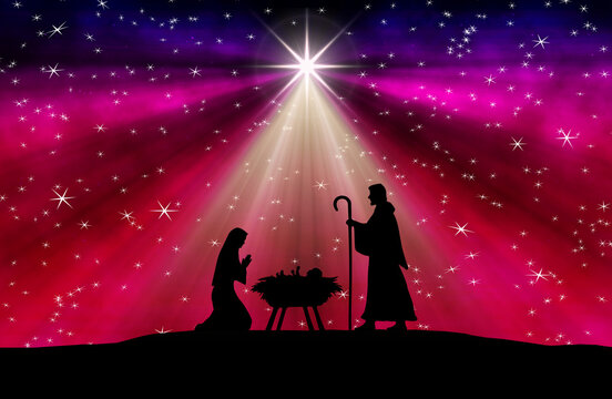 Silhouette nativity scene with Mary, Joseph and the baby in a manger beneath a radiant star against a purple-blue starry sky, evoking peace, faith and the spirit of Christmas.