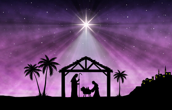 Silhouette nativity scene with Mary, Joseph and the baby in a manger beneath a radiant star against a purple-blue starry sky, evoking peace, faith and the spirit of Christmas.