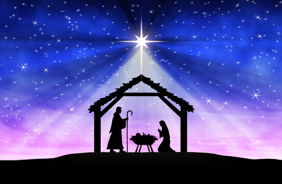 Silhouette nativity scene with Mary, Joseph and the baby in a manger beneath a radiant star against a purple-blue starry sky, evoking peace, faith and the spirit of Christmas.