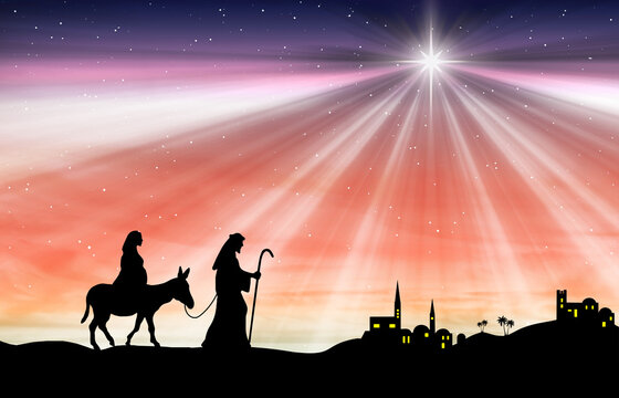 Mary and Joseph Journey to Bethlehem Under the Star of Bethlehem at Dawn - Nativity Silhouette