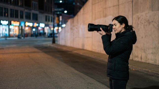 Professional photographer in a black jacket shooting with a long telephoto lens on a quiet city street at night with urban bokeh and copy space for editorial concepts