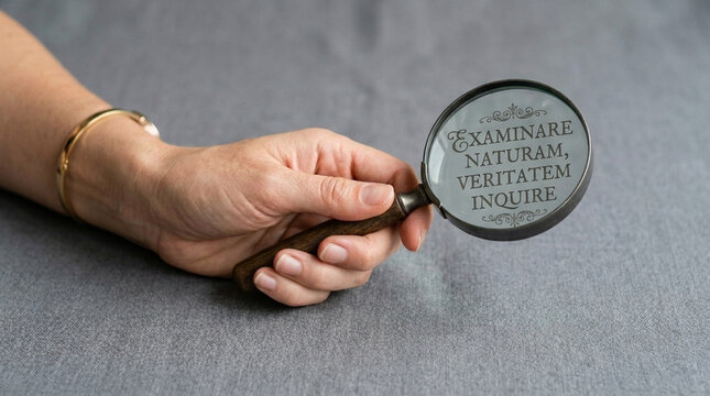Hand holding magnifying glass over text Examinare Naturam Veritatem Inquire Investigation research concept