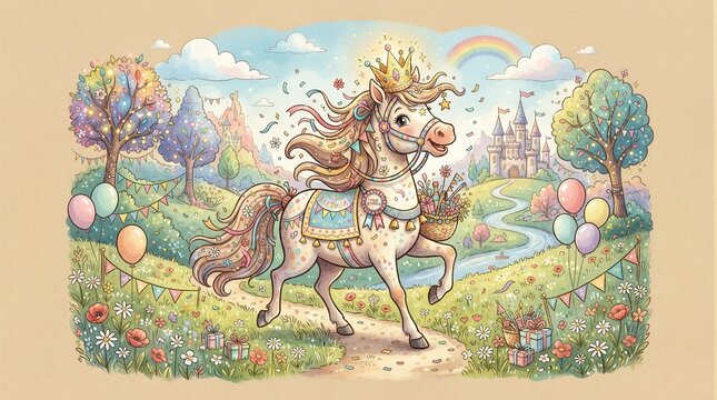 Decorated pony prancing through festive meadow near castle
