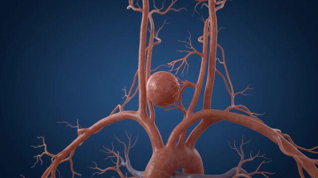 Detailed 3D illustration of an arterial aneurysm within the complex human vascular system, serving as essential content for medical education and advanced understanding of cardiovascular health