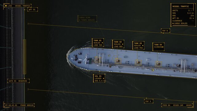 Aerial top down view of Cologne, Germany: river tanker passing a bridge on the Rhine with amber operations HUD overlay, tracking box, tank IDs, status panel. Concept of inland shipping, logistics