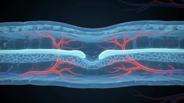 Medical education illustration showing a cross section of a spine with a herniated disc and blood vessels