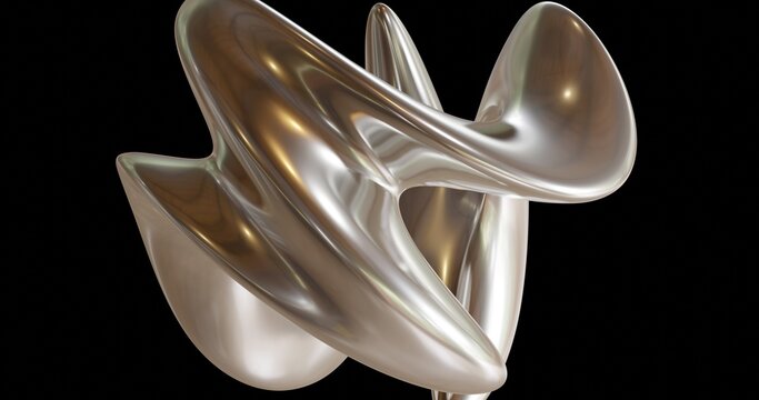 Abstract liquid metal sculpture with glossy reflective surface and fluid organic forms floating against a black background