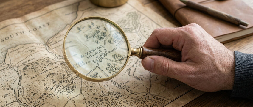 Hand holding magnifying glass over old map exploring vintage cartography research and discovery concept