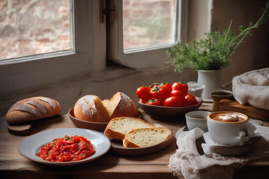 Bread tomatoes coffee on wooden table
