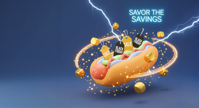 Savor the savings with a playful hot dog adorned with sale tags in a dynamic, colorful, and vibrant shopping background, Black Friday concept of food retailers or promotions