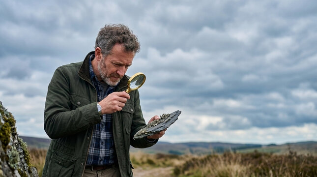 Geologist examines rock specimen with magnifying glass outdoors in nature exploring earth science and geology studies
