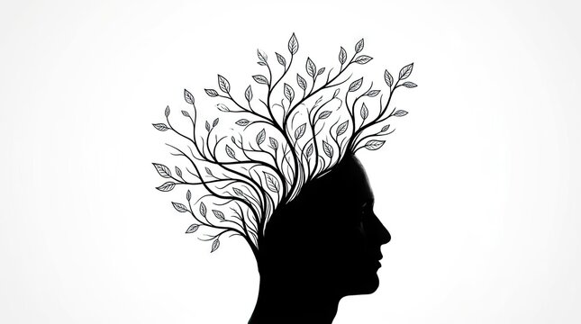 Profile silhouette of human head with growing tree branches.
