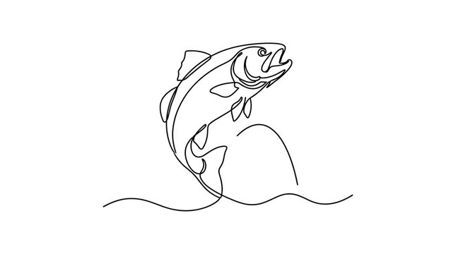Single line drawing of a jumping trout fish.