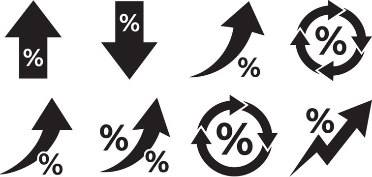 Percentage arrow vector illustration set featuring interest rate changes growth inflation discount and financial statistics symbols