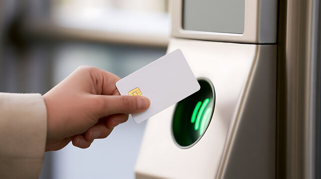 Close up of person hand touch white smart card to access control reader device security door lock access transit system entry modern technology