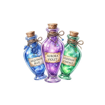 Halloween magic potion bottles isolated clipart set with glowing
