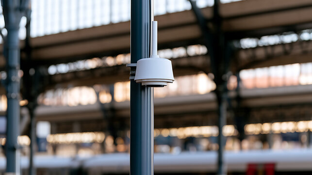 Modern white security camera mounted on a metal pole in a large public transit station hall, surveillance and safety equipment concept