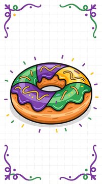 Mardi Gras donut illustration for Fat Tuesday celebration. Festive carnival pastry with purple, green, and gold icing. Vector graphic with copy space for party invitation