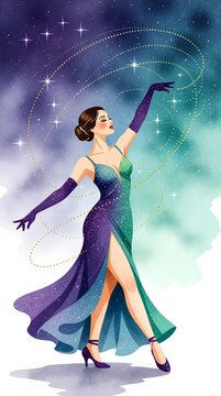 Elegant woman in sparkling gown dancing under starry sky. Magical celestial dancer illustration for Mardi Gras celebration. Fantasy and glamour concept