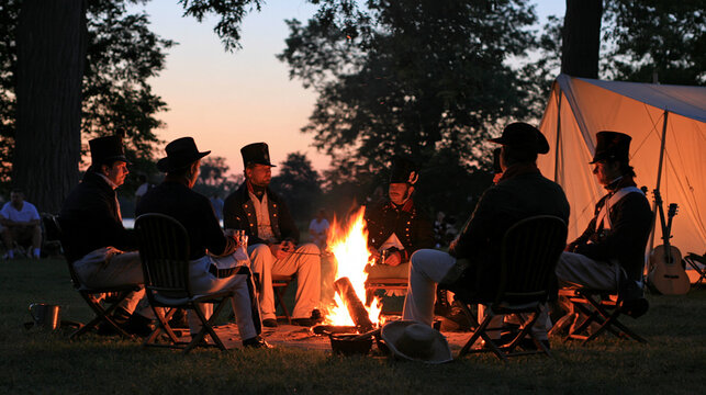 Soldiers gathered around a campfire during a Napoleonic-era military reenactment at dusk, with copy space