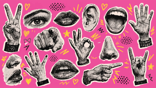 Retro Pop Art Collage of Human Body Parts, Halftone Hands, Lips, Eyes, Nose and Ear Cutout Stickers on Bright Pink Background