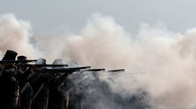 French reenactment soldiers firing historical muskets, gun barrels surrounded by clouds of gunpowder smoke, 19th century battlefield concept, with copy space