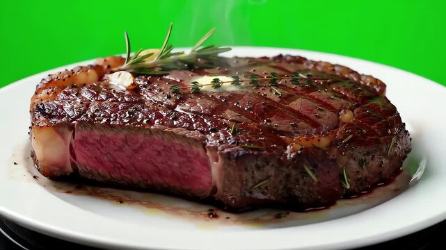 Juicy grilled ribeye steak on white ceramic plate rotating slowly against a solid green screen background with steam rising
